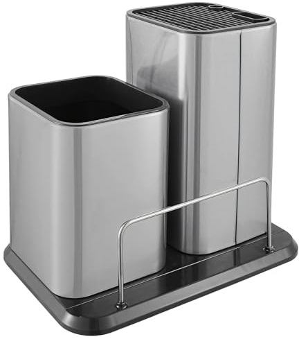 Chewtoyo Bloc à couteaux universel en acier inoxydable avec double fente, base amovible et trous de drainage, style angle droit