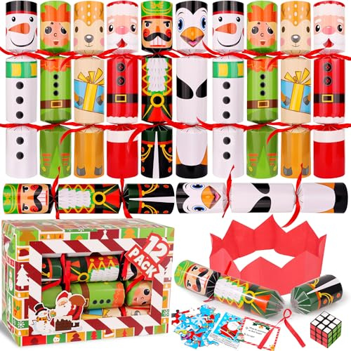 12 Pack Christmas No-Snap Party Table Favors, Christmas Party Supplies with Party Hat Joke & Little Surprise Toys Inside for Kids & Adults, Xmas Table Decorations Seasonal Holiday Dinner Table Gifts