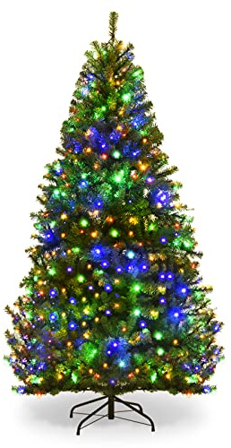 COSTWAY 6FT Pre-Lit Artificial Christmas Tree, Hinged Xmas Tree with 350 Warm White & Multicolored LED Lights, 11 Modes, 1000 Lush Branch Tips and Foldable Metal Stand, Home Office Party Decor Trees