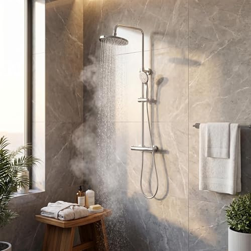 Columna de Ducha Termostática YOOZENA Conjunto de ducha Multifuncional Inoxidable Altura Ajustable 829mm-1221mm Ducha de Mano 3 Funciones Ducha Redondo para Cuarto de Baño