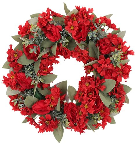 Künstlicher Blumenkranz, Rote Rosen und Chrysanthemen, Türkranz, 40 cm Durchmesser, Türdekoration für Frühling und Sommer