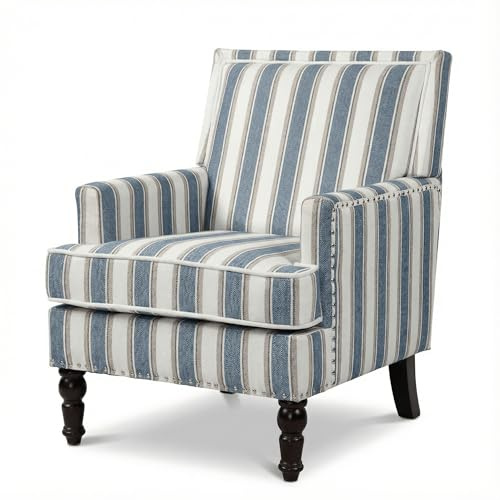 MNGLIRC Blue Striped Accent Chair for Living Room Bedroom - Comfy Cotton Linen Reading Chair, Coastal Nautical Armchair with Solid Wood Legs, Easy Assembly (Striped Blue)