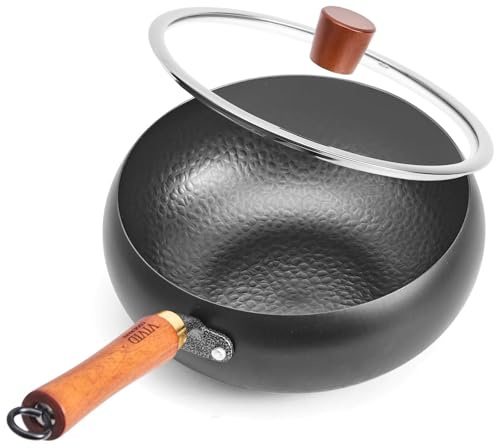 VIVIDCOOKWARE Carbon Steel Wok Pan, 9.4 Iron Flat Bottom Wok Skillet Stir Fry Pan, Induction Wok for Gas Electric Ceramic, Coating-Free Naturally Seasoning Chinese Wok