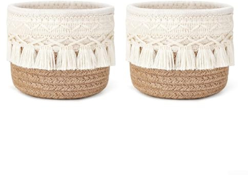 Lot de 2 paniers de rangement ronds en corde de coton tissé avec pompons pour pinceaux de maquillage, organisateur de bureau pour coiffeuse, salle de bain ou coiffeuse (#1)