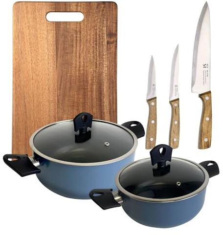 Juego de 2 Cacerolas con tapa de Ø20Ø24cm en Aluminio prensado color Azul + 3 Cuhillos en acero inoxidable + Tabla de corte 40x25cm NOIA San Ignacio