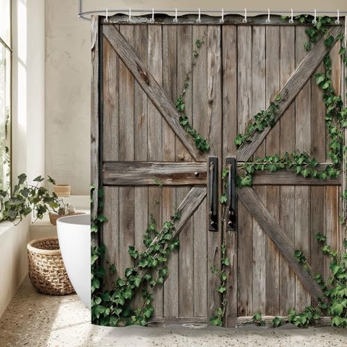 Dazzlewall Duschvorhang Vintage Tür, Rustik Tür Grün Blatt Bauernhaus Badevorhang Wasserdicht Schimmelresistent Polyester Stoff mit 12 Haken, 180 x 180 cm