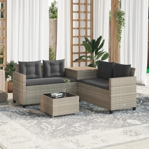 Holamys Gartensofa L-Form mit Tisch, Kissen, Hellgrau Poly Rattan, 4-Sitzer, wasserfester Stauraum, UV-beständig, für Terrasse, Balkon, Gartenmöbel Set