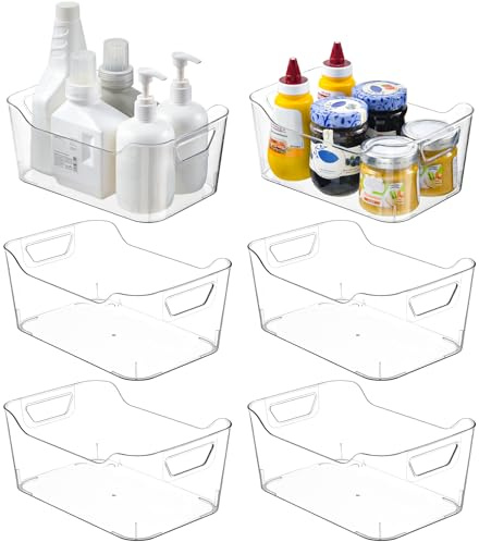 AntStep 6 Pack Clear Plastic Storage Boxes, Plastic Storage Basket with Handle for Kitchen Cupboard Organiser,Pantry, Bathroom ,Under Sink, Fridge Organiser
