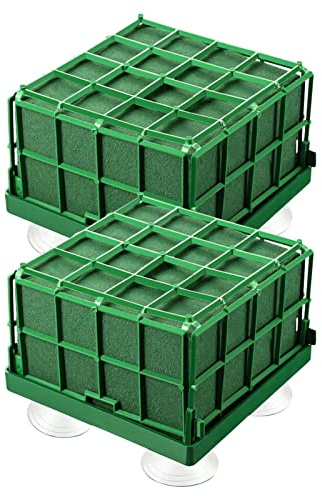 2 Pcs Square Floral Foam Cage, Floral Foam Blocks with Suction Cup for Flower Arrangements, Square Flower Foams Holder for Fresh Artificial Flowers, Table Centerpiece and Wedding Decor