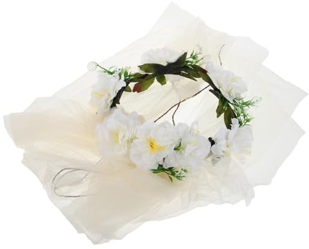 POPETPOP Couronne de Fleurs en Rotin Synthétique Blanche, Bandeau de Mariée avec Voile Scintillant, Accessoire Léger et Indéformable pour Mariage, Cérémonie et Séance Photo Plage