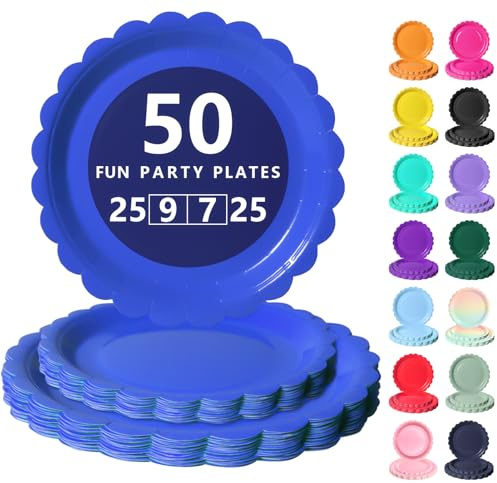 Nkaiso 50 Pcs Royal Blue Disposable Party Paper Plates Set | 25x9inch & 25x38inch Scalloped Party Plates Elegant Disposable Tableware for Birthday, Wedding, BBQ Party Supplies