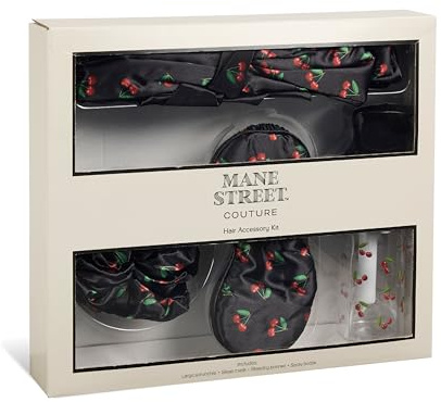 4-Piece Hair Accessory & Sleep Set by Mane Street Couture | Satin Bonnet, Sleep Mask, Large Scrunchie & Spray Bottle | Black Cherry
