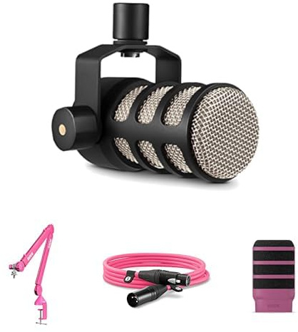 RØDE PodMic Dynamic Microphone, PSA1+ Professional Studio Arm, WS14 Pop Filter, and 3-metre XLR Cable Bundle (Pink)