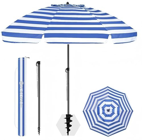 HOMEDEMO Parasol Plage Inclinable avec Revêtement Argenté, Protection Solaire UV50+, avec Pied d'Ancrage à Visser & Housse de Protection, pour, Piscine, Marché, 200cm, Rayures Bleues Blanches