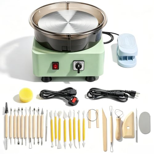 Electric Pottery Wheel 11'' (28cm) Turntable w/Carving Tool Kit | Pottery Forming Machine, Detachable Basin, Adjustable Speed Pedal, for DIY Art Craft