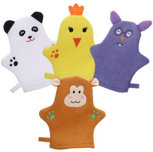 Packung Badehandschuhe mit Tiermotiven für Kinder aus Polyester | Sanfte Waschlappen für Kinder, 4 Stück, Cartoon Look, Vielseitig für Tägliche Reinigung