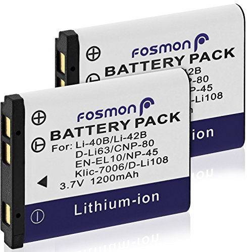 Fosmon LI-40B LI-42B Ersättning Kamera Batteri 1200mAh - 2-Pack | Kompatibel med Fuji NP-45, Nikon EN-EL10, Pentax D-Li63, och Kodak KLIC-7006. Uppladdningsbart 3.7V Lithium-Ion Accu