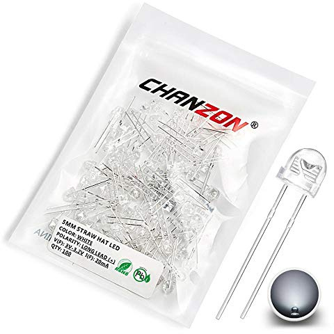 Chanzon 100 pcs 5mm White LED Diode Lights (Clear Straw Hat Transparent DC 3V 20mA) Super Bright Lighting Bulb Lamps Electronics Components Light Emitting Diodes
