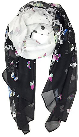 YOUR SMILE Lightweight Scarf Fashion Flower Print Shawl Wrap For Women For Spring Season (Black/White Butterfly)