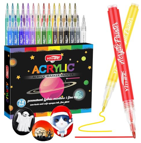 YITHINC Acrylstifte für Steine Wasserfest, Steine Bemalen Stifte, Permanent Acrylmarker für Glas, Leinwand, HolzLeinwand, Porzellan, Keramik, Metall, Kunststoff (28 feine Spitze)