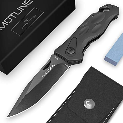 MOTUNE® Zweihand Klappmesser 3-in-1 KP21 - Taschenmesser mit Aluminiumgriff - Zweihandmesser mit hochwertiger Edelstahlklinge 440C - mit Schleifstein & Gürteltasche | MOTUNE KP21, Aluminiumgriff, Schleifstein, Outdoor, Camping, Bushcraft, robust, langlebig, präzise Schneidleistung