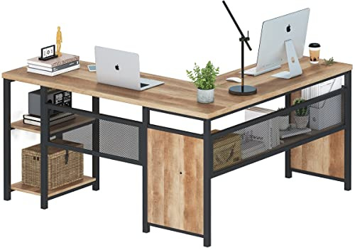 FATORRI L Shaped Computer Desk with Wood Shelves, Industrial Rustic Home Office Corner Desk with Metal Legs (Rustic Oak, 59 Inch)