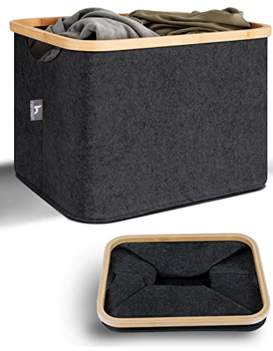 HENNEZ Cestas Almacenaje de Fieltro 40 Litros - Cesta Leña de Fieltro - Caja de Almacenamiento Plegable 40L - Cesta Almacenaje Juguetes - Cajas Almacenaje Tela Fieltro Negro - Cesto Ropa Sucia Bambú