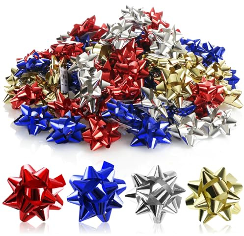 COM-FOUR® 100 Fiocchi regalo in fantastici colori: fiocchi autoadesivi pronti per decorare regali di Natale e matrimoni (100 pezzi - lucido - 4 colori)