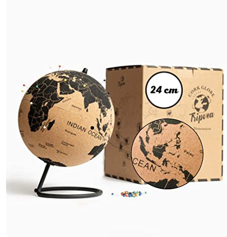 TRIPVEA® Weltkugel aus Kork 24cm - Vintage Globus kork - Dekorative Weltkarte zum Thema Reisen - Ideale Geschenk- und Deko Idee - Höhe = 24 cm