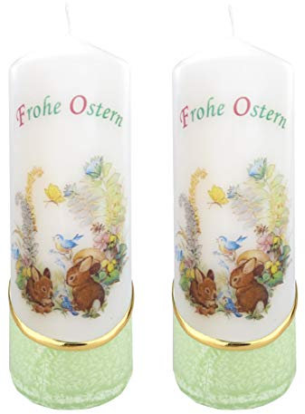 Meissner-Handel Auswahl * 2 Stück Osterkerze Stumpenkerze Osterdeko * 6 x 18 cm * mit farbigen Wachs- und Bildauflagen * Auswahl Motiv + Farbe * grün * (Serie 2 - Set 15/-2)