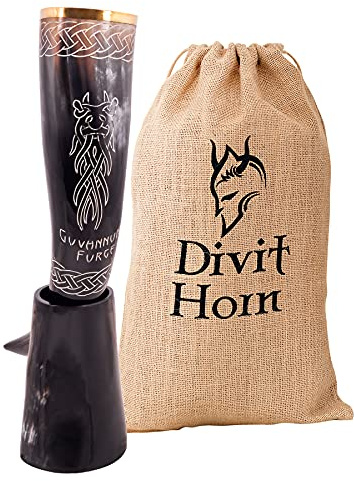 Divit Horn Cuerno vikingo auténtico con soporte de hierro, auténtico cuerno medieval para beber cerveza, adornos de latón y bolsa de regalo de arpillera incluida, capacidad de 16 onzas (Ormr, pulido)