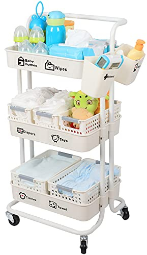 JOLEAD Babyblöja caddie organiserarvagn flyttbar, 3-nivås robust nyfödd blöja barnkammare nödvändigheter förvaringskorg för skötbord, spjälsäng och leksaker, babyshower presenter till mamma, lätt att