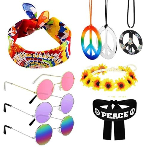 UYUYong Ensemble de Costume Hippie Rétro Accessoires Deguisement Lunette Collier de Signe de Paix Bandeau Coloré pour Soirée à Thème de la Mode des Années 70 et 80