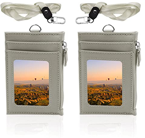 Modixun 2 Stück ausweishülle leder mit Reißverschlusstasche, ausweishülle mit band, dienstausweis hülle, kartenhalter ausweis, Ausweishalter mit 4 Kartenfächern, Grau