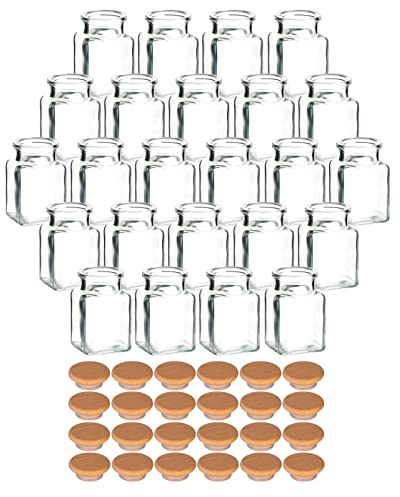 gouveo 24er Set Gewürzglas 150 ml (0,15 l) Gewürzglas 150 ml eckig eckige Gewürz- & Vorratsgläser aus Klarglas mit Buchenholz-Deckel für Kräuter, Gewürze, Tee, Backzutaten
