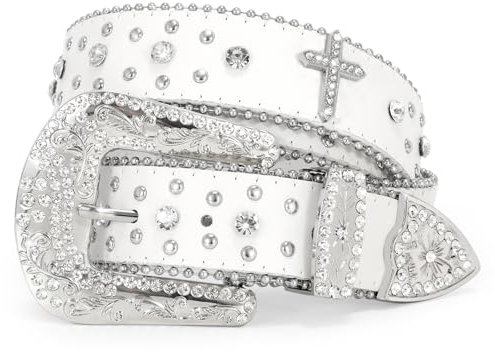 WERFORU Strass Nietengürtel für Damen Männer Western Ledergürtel für Cowgirl Cowboy Vintage Bling Gürtel für Hosen Kleid