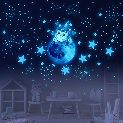 Wandtattoo Kinderzimmer Einhorn Planet Star Leuchtsterne Kinderzimmer Wandsticker Wandsticker Kinderzimmer Glow in the Dark Wandtattoo Kinderzimmer Mädchen Junge für Wanddeko Geschenke 4 Stück