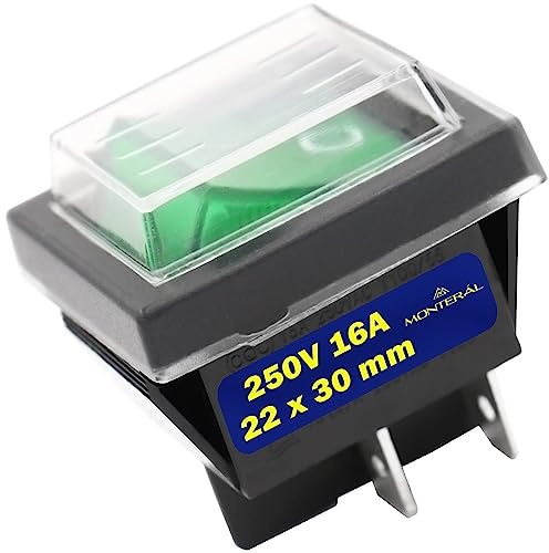 Interruptor Bipolar Verde Luminoso y Cubierta Protectora 16A 22x30mm | Cuerpo Negro - Garantía de 10 Años - MONTERAL