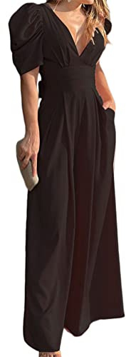 ORANDESIGNE Tuta Lunga Donna Jumpsuit Elegante Abito Cerimonia Maniche Corte Tute Monopezzi e Tutine Lunghe a Gamba Larga Maniche a Sbuffo Pantaloni Lungo Elegante Jumpsuit D Nero XL