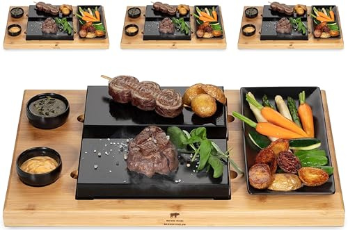 BEEFSTONE Heißer Stein Lavastein Steak-Brett 4er Set DUE – Hot Stone Steingrill-Set mit Bambusbrett, Lavastein und Porzellanplatte, Fleisch und Fisch direkt auf dem heißen Stein grillen