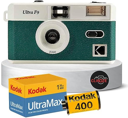 Reusable Film Camera Bundle includes a Green Kodak Ultra F9 Film Camera, Kodak Ultramax 35mm Film 36 Exposures and Clikoze Camera Film Photography Tips Card