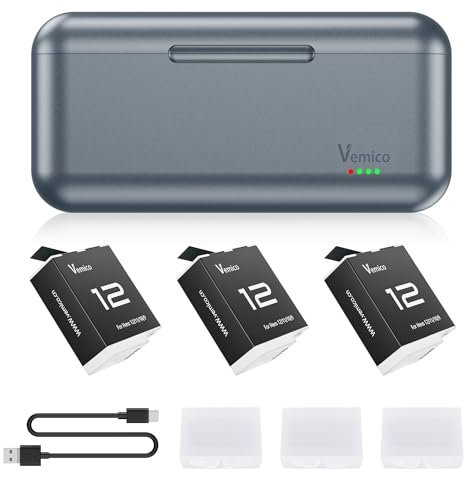 Vemico Hero 12/11/10/9 Enduro Bateria Cargador Kit 3 x 1800mAh Baterias Tipo C LED 3-Canales Cargador para Hero 9 Black/Hero 10 Black/Hero 11 /Hero 12