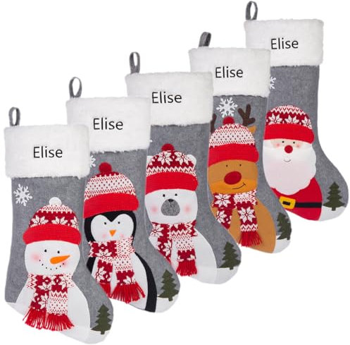 Gemszoo Personalisierte Weihnachtsstrümpfe mit Namen, individuell bestickter Name, Weihnachtsdekoration, Strumpf, große Weihnachtsstrumpf-Geschenktüte mit Strumpfhalter-Haken (Set 2 Stück)