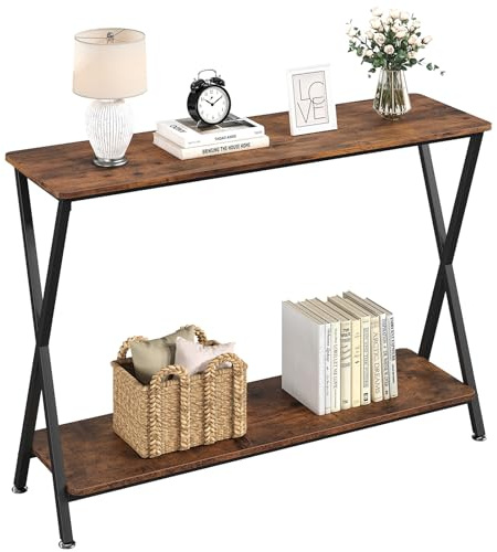 HAUSPROFI Schmaler Vintage Konsolentisch mit Metallgestell und Ablagen – 105 x 30 x 81 cm, Dunkelbraun – Beistelltisch Eingangstisch für Flur, Eingang und Wohnzimmer