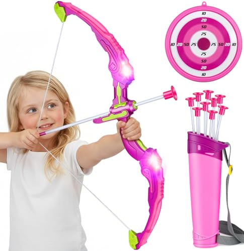 OWNONE 1 Bow and Arrow Set for Kids, 2 in 1 LED Light Up Archery Set Includes 1 Bow, 10 Suction Cup Arrows & 1 Quivers, Indoor Outdoor Toys Gifts for Girls Ages 4 5 6 7 8 Years Old (Pink)