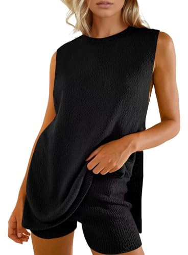 Yimoon sommartröja set 2 delar strandsemester kläder ärmlös tunika topp matchande shorts lounge set (svart M), medium