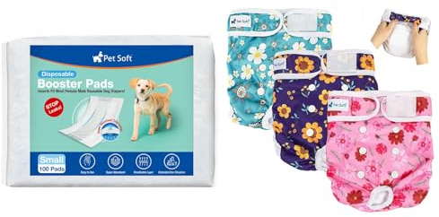 Pet Soft Washable Female Diapers (3 Pack) + Dog Diaper Liners S-100ct