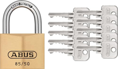 ABUS Vorhängeschloss Messing 85/50 mit 10 Schlüssel vs. - gehärteter Stahlbügel, nano protect - wetterfest -