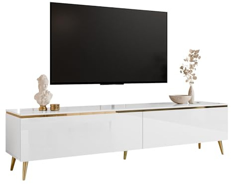 lukmebel - TV-Schrank für Wohnzimmer Möbel - TV-Board Lowboard Fernseh-Schrank Fernsehtisch TV-Kommode mit Beinen in Gold - 180x40x45 - Glanz Weiß Gold - Aurora