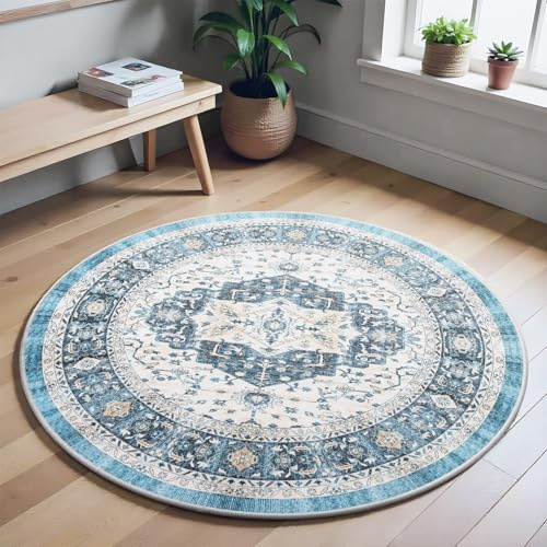 Carvapet Tvättbar rund matta 120 cm/4 fot halkfri tunn cirkel matta blå matta vintage medaljong cirkulärt område runda mattor för sovrum vardagsrum hall